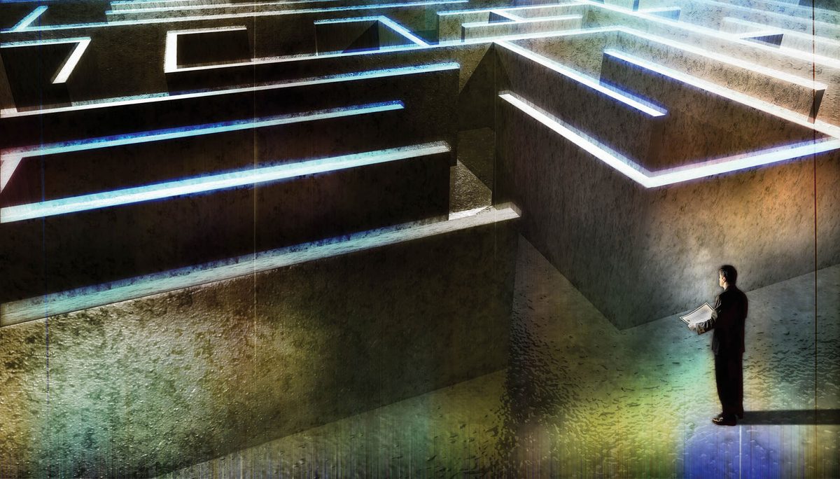 An executive navigating a complex maze, representing the path to real enterprise value